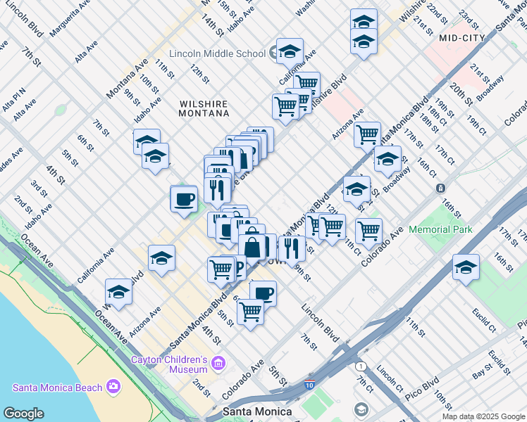 map of restaurants, bars, coffee shops, grocery stores, and more near 1321 9th Court in Santa Monica
