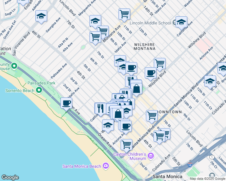 map of restaurants, bars, coffee shops, grocery stores, and more near 1038 4th Court in Santa Monica