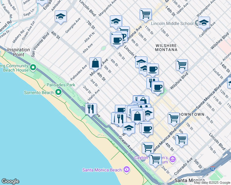 map of restaurants, bars, coffee shops, grocery stores, and more near 1002 4th Street in Santa Monica