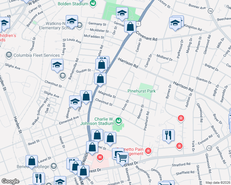 map of restaurants, bars, coffee shops, grocery stores, and more near 2705 Magnolia Street in Columbia