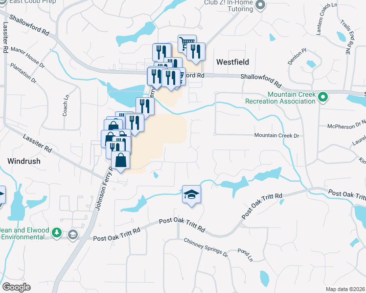 map of restaurants, bars, coffee shops, grocery stores, and more near 2987 Sedgewick Place in Marietta