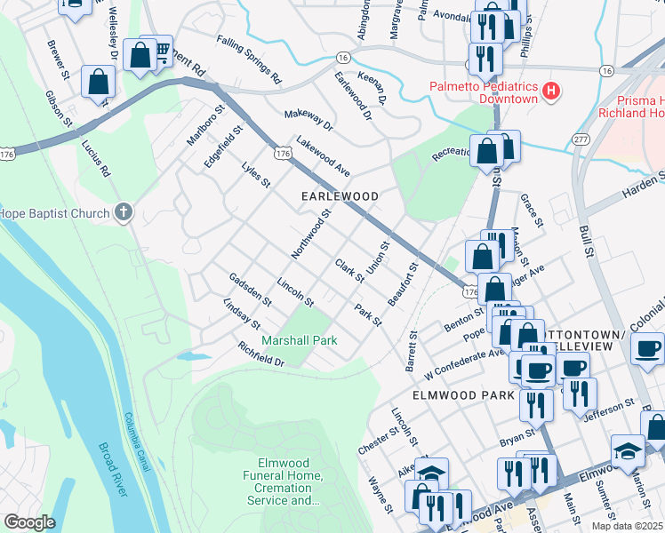map of restaurants, bars, coffee shops, grocery stores, and more near 2911 Clark Street in Columbia