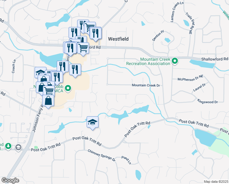 map of restaurants, bars, coffee shops, grocery stores, and more near 2999 Clary Hill Drive in Roswell