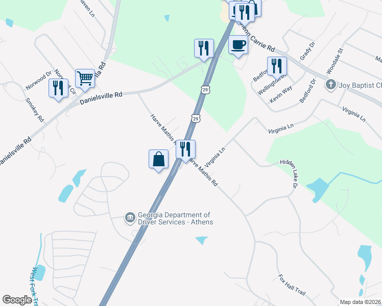 map of restaurants, bars, coffee shops, grocery stores, and more near 552 Harve Mathis Road in Athens
