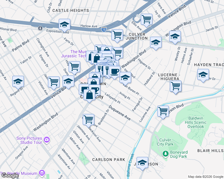 map of restaurants, bars, coffee shops, grocery stores, and more near 4045 Irving Place in Culver City