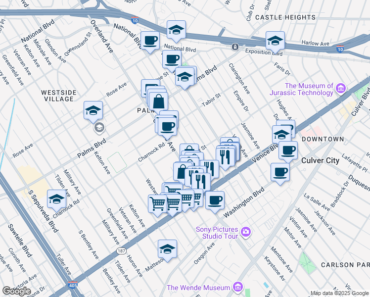 map of restaurants, bars, coffee shops, grocery stores, and more near 3667 Keystone Avenue in Los Angeles