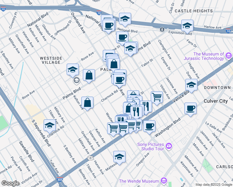 map of restaurants, bars, coffee shops, grocery stores, and more near 10715 Francis Place in Los Angeles