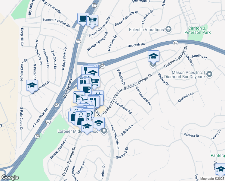 map of restaurants, bars, coffee shops, grocery stores, and more near 23643 Golden Springs Drive in Diamond Bar
