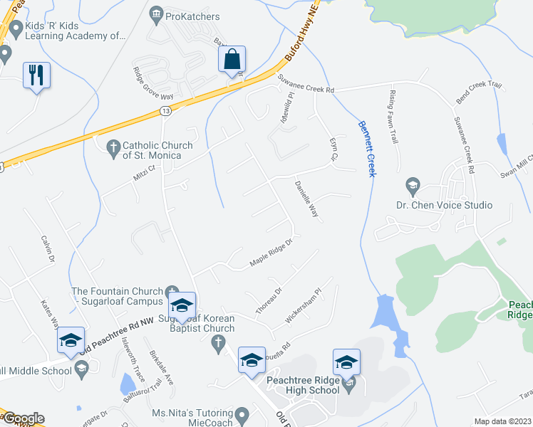 map of restaurants, bars, coffee shops, grocery stores, and more near 1526 Kenzie Court in Suwanee