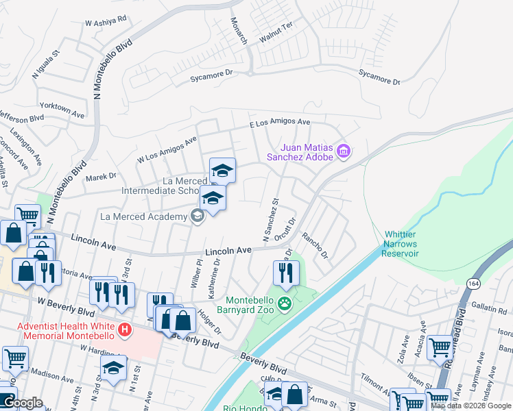 map of restaurants, bars, coffee shops, grocery stores, and more near 321 East Oakmont Drive in Montebello