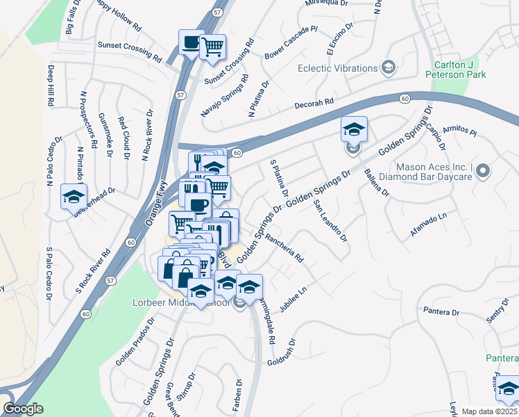 map of restaurants, bars, coffee shops, grocery stores, and more near 23659 Golden Springs Drive in Diamond Bar