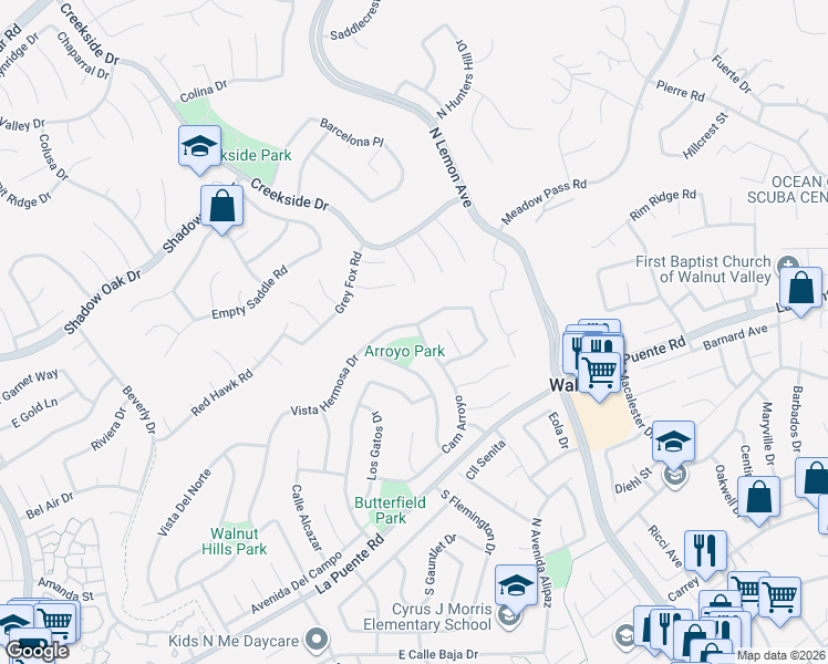 map of restaurants, bars, coffee shops, grocery stores, and more near 19840 Vista Hermosa Drive in Walnut