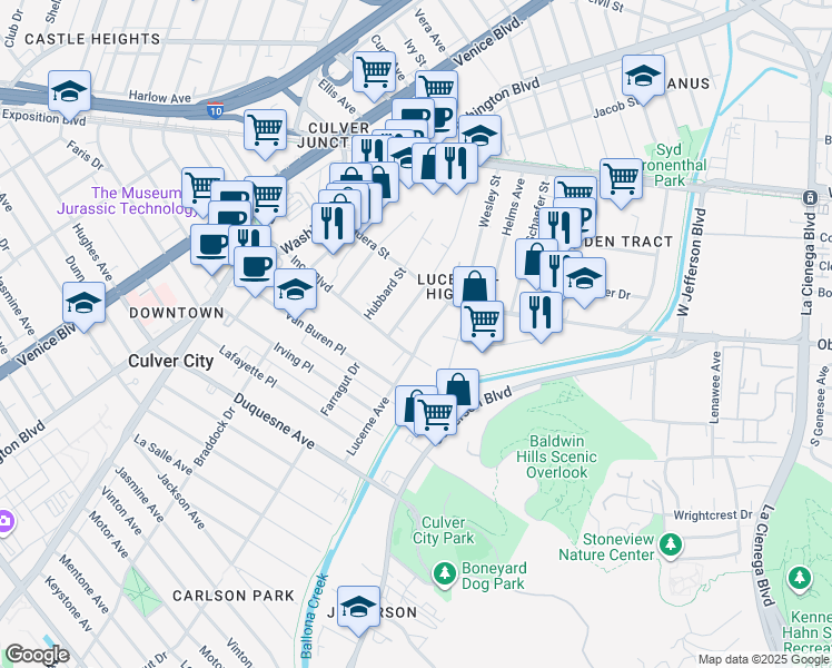 map of restaurants, bars, coffee shops, grocery stores, and more near 9065 Lucerne Avenue in Culver City