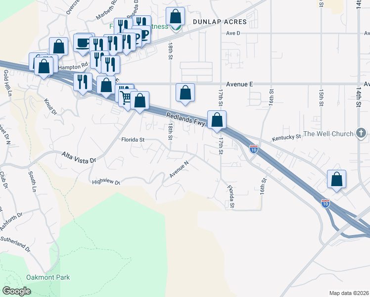 map of restaurants, bars, coffee shops, grocery stores, and more near 31750 Florida Street in Redlands