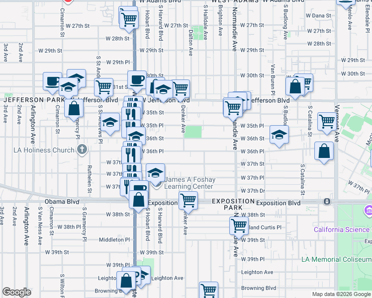 map of restaurants, bars, coffee shops, grocery stores, and more near 1568 West 36th Place in Los Angeles