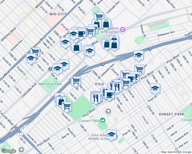 map of restaurants, bars, coffee shops, grocery stores, and more near 1843 19th Street in Santa Monica