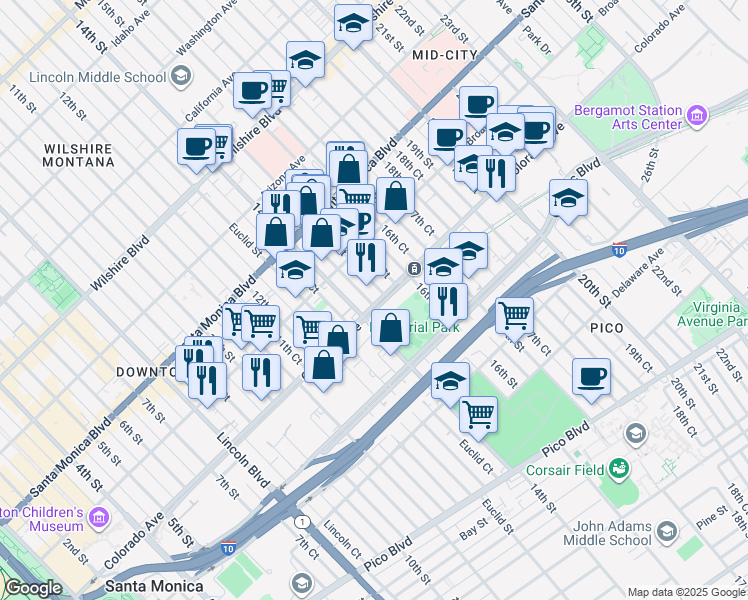 map of restaurants, bars, coffee shops, grocery stores, and more near 1601 14th Street in Santa Monica
