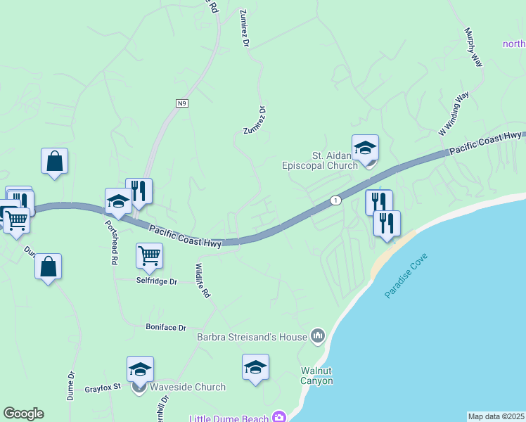 map of restaurants, bars, coffee shops, grocery stores, and more near 6473 Zuma View Place in Malibu