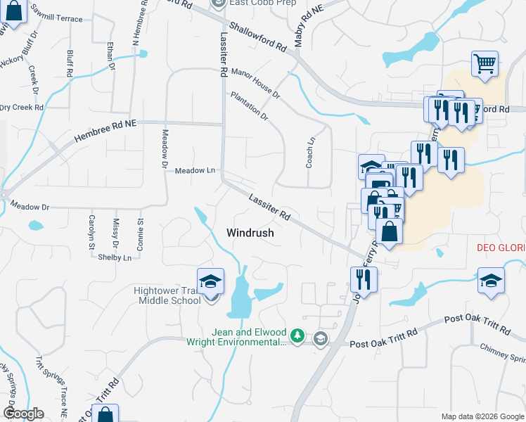 map of restaurants, bars, coffee shops, grocery stores, and more near 2970 Windrose Drive in Marietta