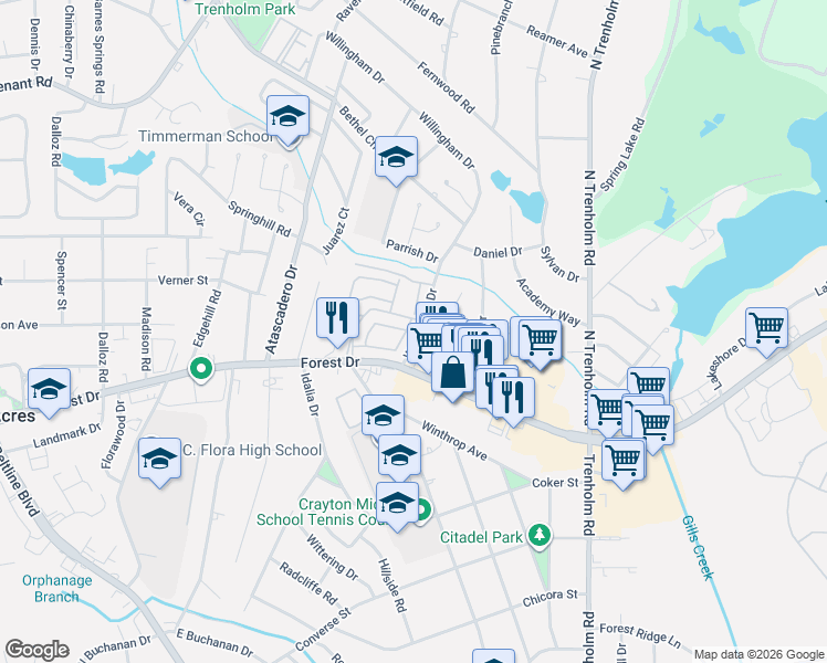 map of restaurants, bars, coffee shops, grocery stores, and more near 1620 Willingham Drive in Columbia