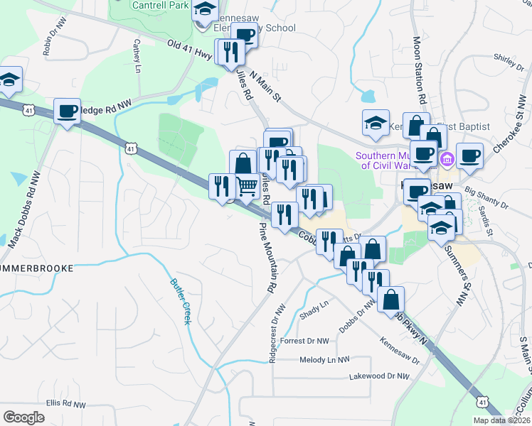 map of restaurants, bars, coffee shops, grocery stores, and more near 2753 Pine Mountain Road in Kennesaw
