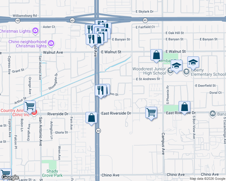 map of restaurants, bars, coffee shops, grocery stores, and more near 2861 Plum Lane in Ontario