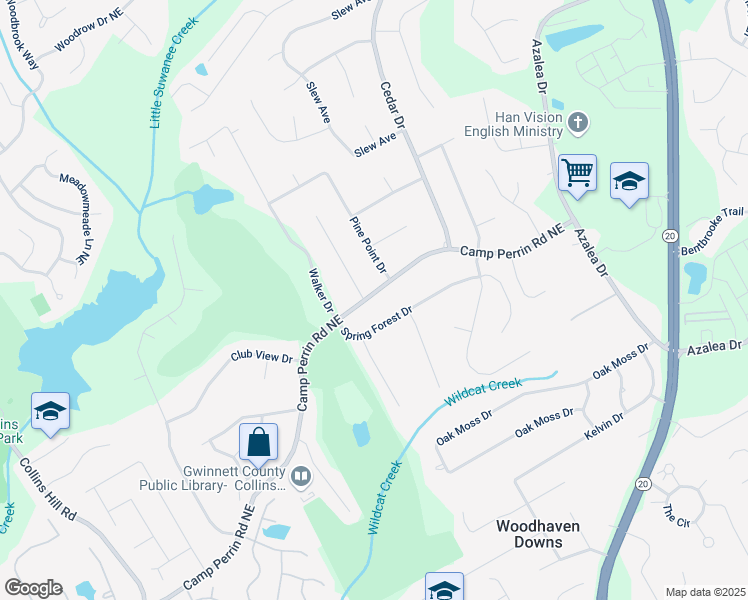 map of restaurants, bars, coffee shops, grocery stores, and more near 645 Camp Perrin Road Northeast in Lawrenceville