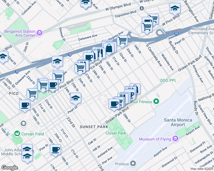 map of restaurants, bars, coffee shops, grocery stores, and more near 2409 28th Street in Santa Monica