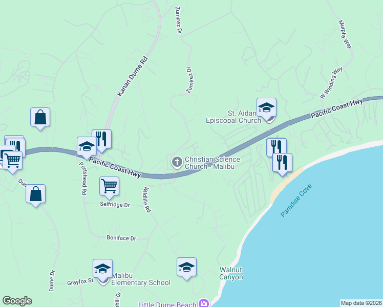 map of restaurants, bars, coffee shops, grocery stores, and more near 6473 Zuma View Place in Malibu