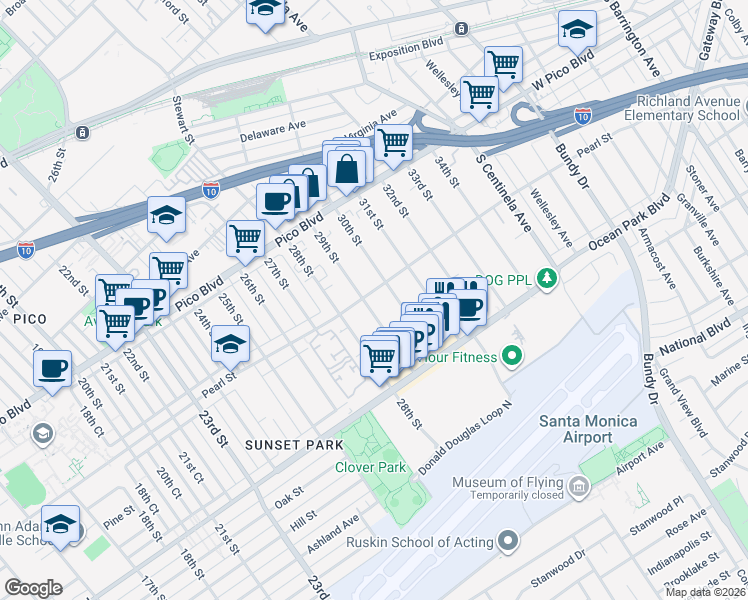 map of restaurants, bars, coffee shops, grocery stores, and more near 2908 Pearl Street in Santa Monica