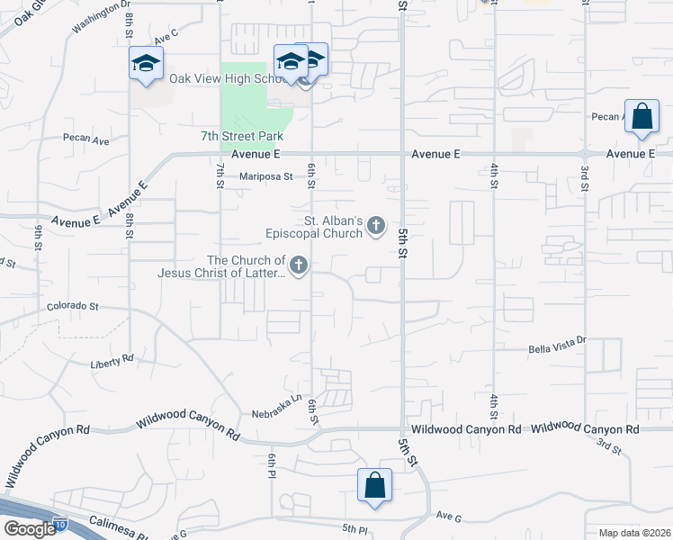 map of restaurants, bars, coffee shops, grocery stores, and more near 12773 6th Street in Yucaipa