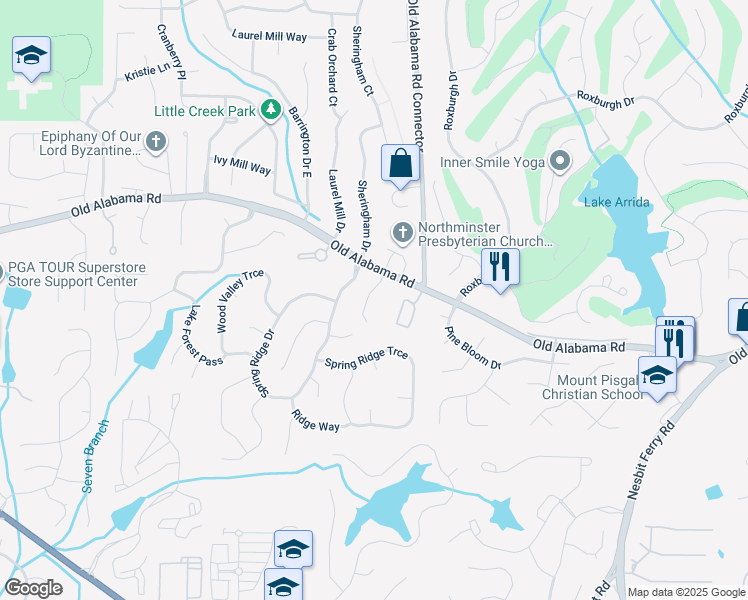 map of restaurants, bars, coffee shops, grocery stores, and more near 167 Hunters Cove in Roswell