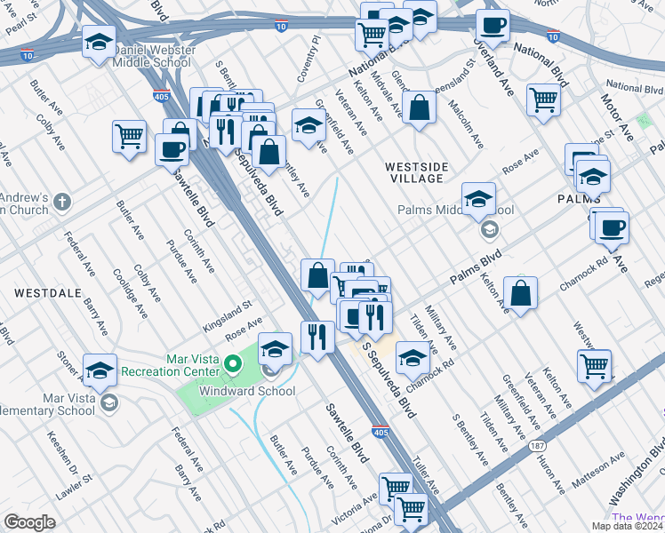 map of restaurants, bars, coffee shops, grocery stores, and more near 11131 Rose Avenue in Los Angeles