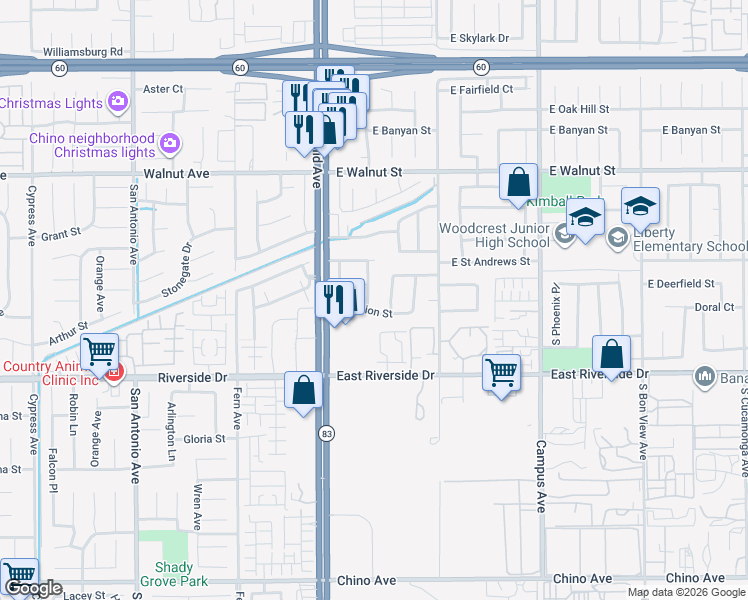 map of restaurants, bars, coffee shops, grocery stores, and more near 2861 Plum Lane in Ontario