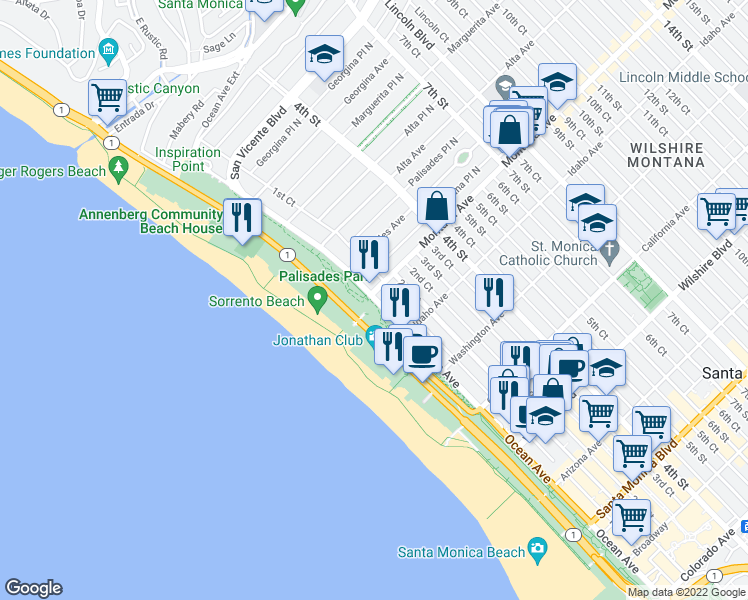 map of restaurants, bars, coffee shops, grocery stores, and more near 800 Ocean Avenue in Santa Monica