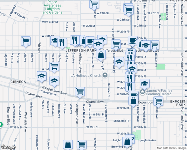 map of restaurants, bars, coffee shops, grocery stores, and more near 2 Cimarron Street in Los Angeles