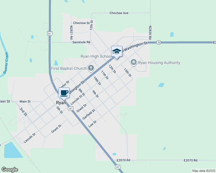 map of restaurants, bars, coffee shops, grocery stores, and more near 1012 Garfield Street in Ryan