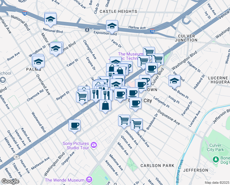 map of restaurants, bars, coffee shops, grocery stores, and more near 10150 Venice Boulevard in Culver City