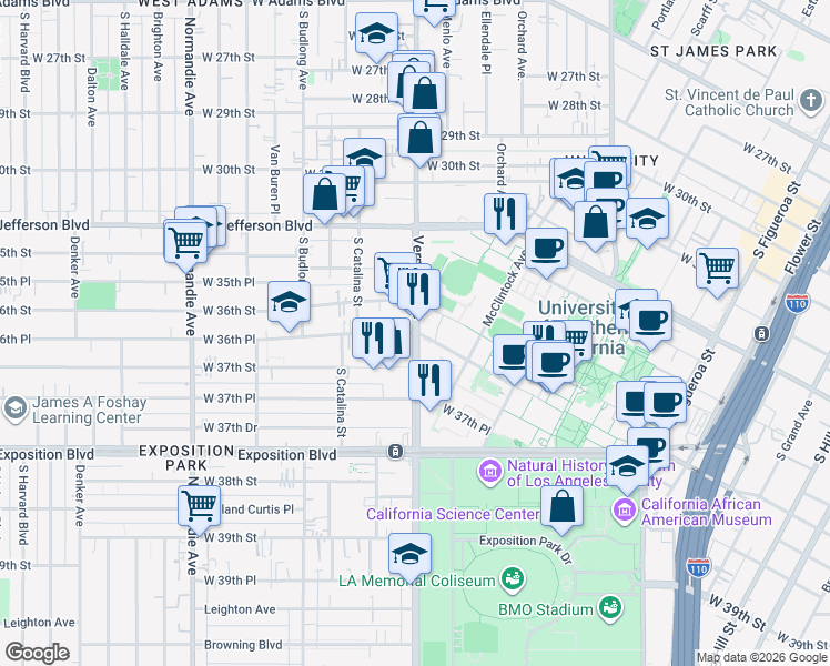 map of restaurants, bars, coffee shops, grocery stores, and more near S Vermont Ave & W 36th Pl in Los Angeles