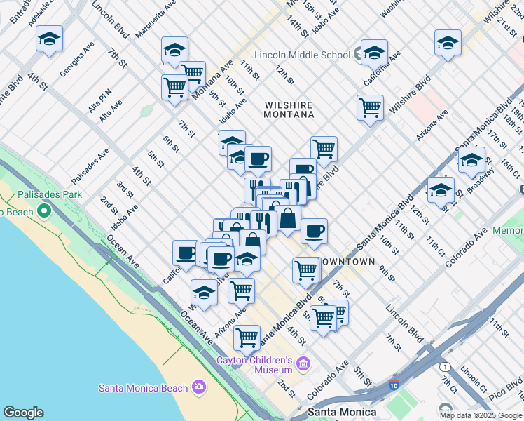 map of restaurants, bars, coffee shops, grocery stores, and more near 1128 7th Street in Santa Monica