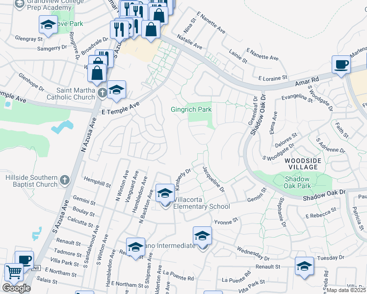 map of restaurants, bars, coffee shops, grocery stores, and more near 2753 Brookfield Place in West Covina