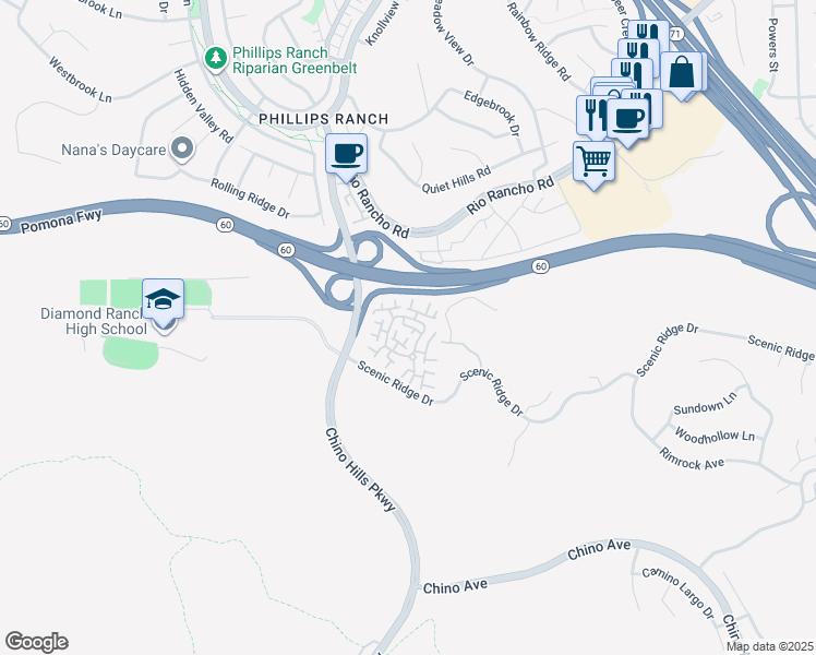 map of restaurants, bars, coffee shops, grocery stores, and more near 8 Mesquite Place in Pomona