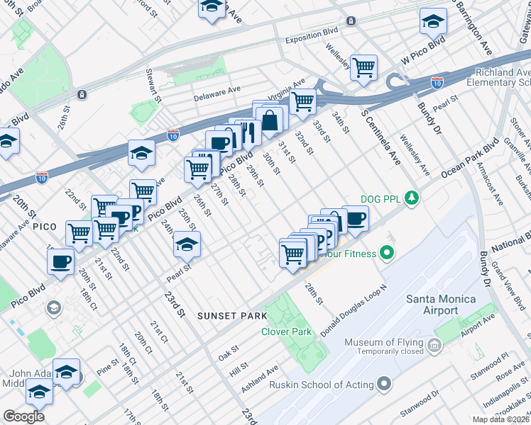 map of restaurants, bars, coffee shops, grocery stores, and more near 2409 28th Street in Santa Monica