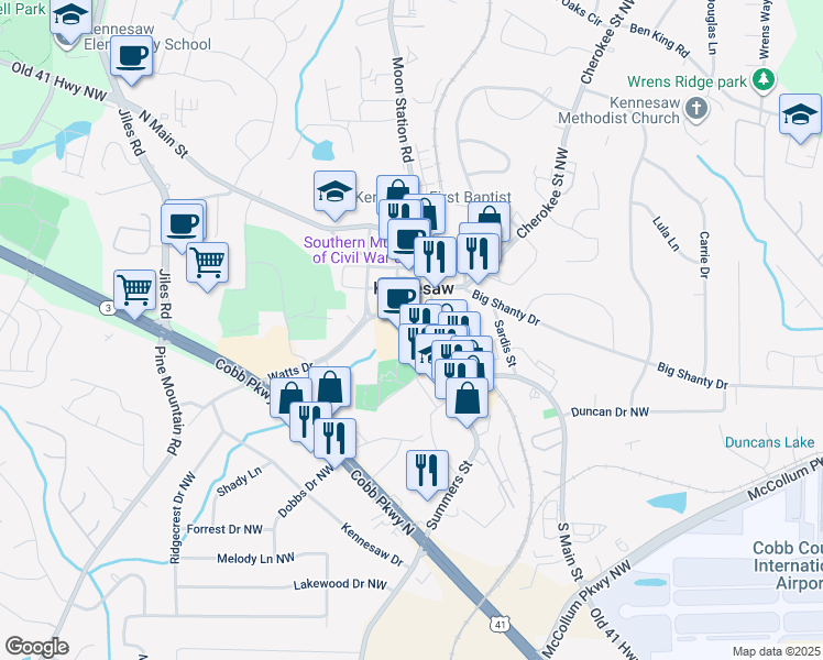 map of restaurants, bars, coffee shops, grocery stores, and more near 2775 Summers Street in Kennesaw