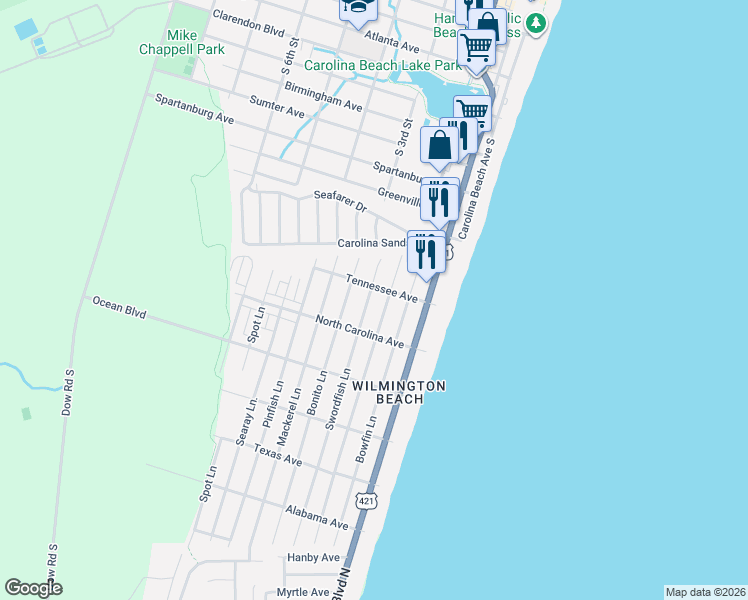 map of restaurants, bars, coffee shops, grocery stores, and more near 1214 Snapper Lane in Carolina Beach