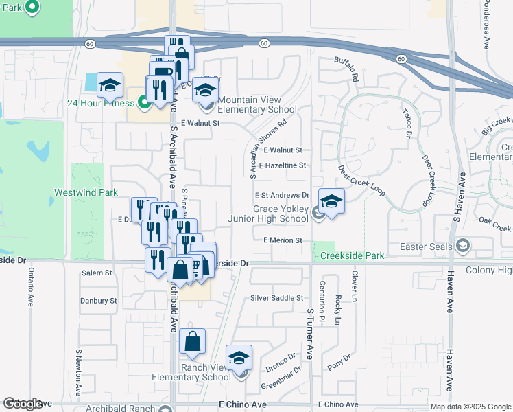 map of restaurants, bars, coffee shops, grocery stores, and more near 2912 East Cog Hill Court in Ontario