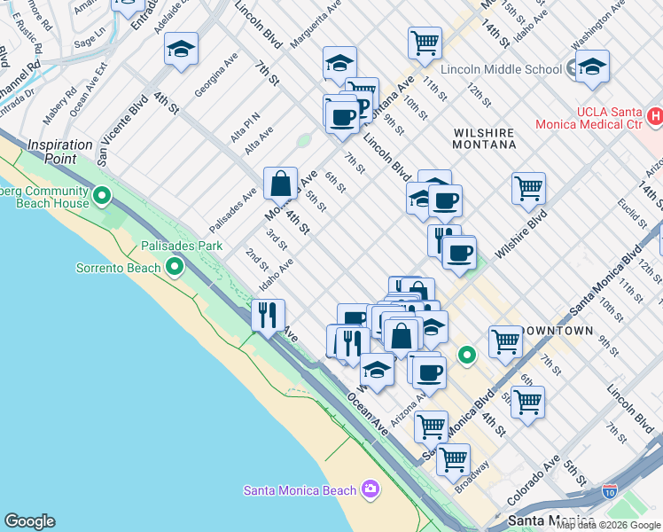 map of restaurants, bars, coffee shops, grocery stores, and more near 938 4th Street in Santa Monica