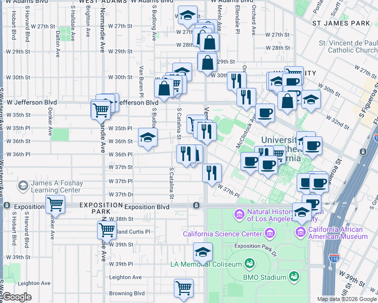 map of restaurants, bars, coffee shops, grocery stores, and more near 1138 West 36th Place in Los Angeles