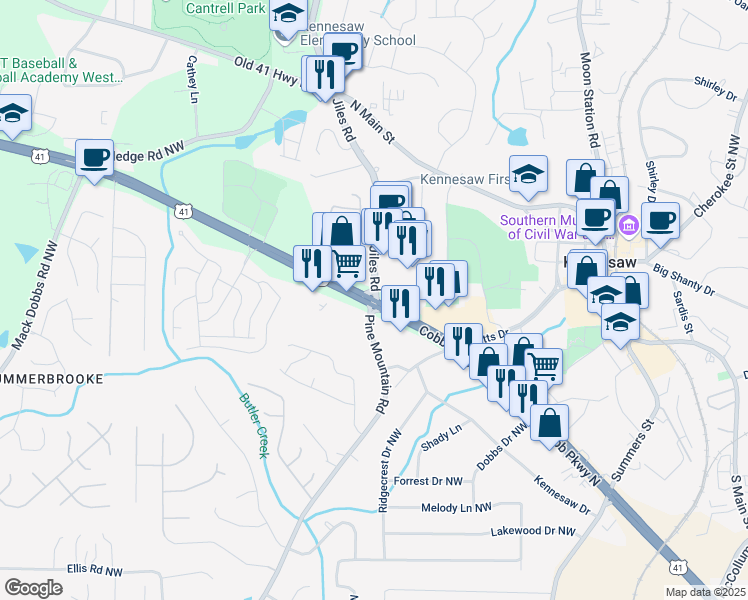 map of restaurants, bars, coffee shops, grocery stores, and more near Cobb Pkwy NW & Jiles Rd NW in Kennesaw