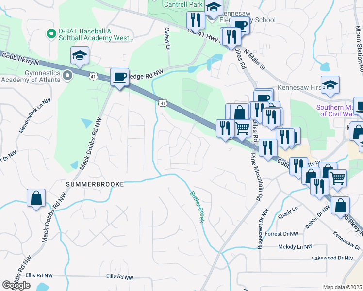 map of restaurants, bars, coffee shops, grocery stores, and more near 31 Hickory Knoll Trail Northwest in Kennesaw